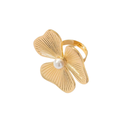 Elegant Gold Flower Ring with Pearl Center – Adjustable Statement Jewelry for Women