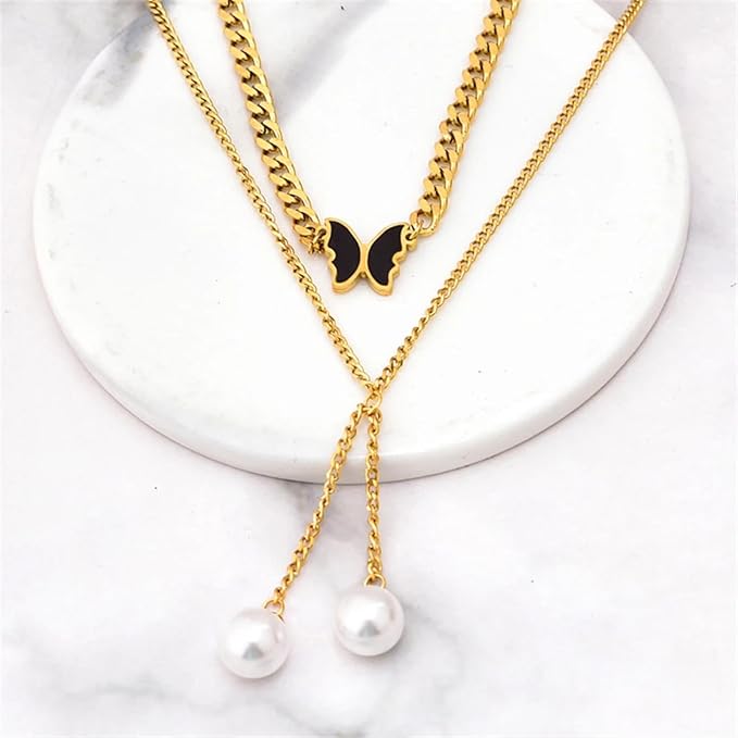 Butterfly Charm Stainless Steel Gold-Plated Layered Necklace