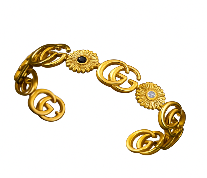 Luxury Designer-Inspired GG Gold Bracelet with Black & Crystal Stones