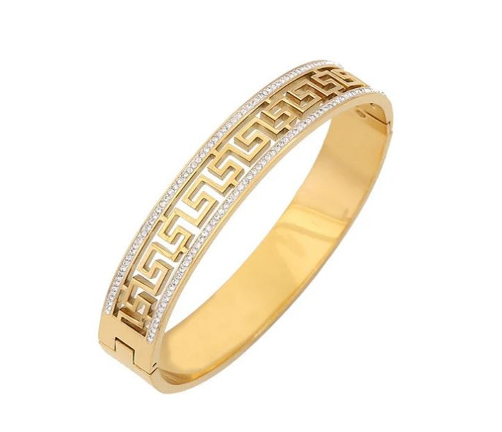 Studded Stainless Steel Gold-Plated Greek Key Bracelet