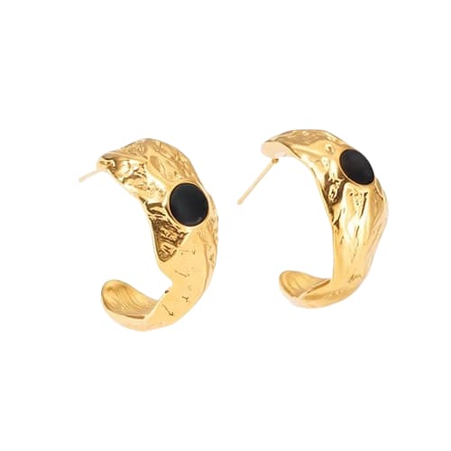 Elegant Textured Gold Stainless Steel Hoop Earrings with Black Stone – Tarnish-Resistant