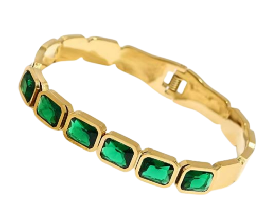 Elegant Gold-Plated Stainless Steel Bracelet with Green Gemstones