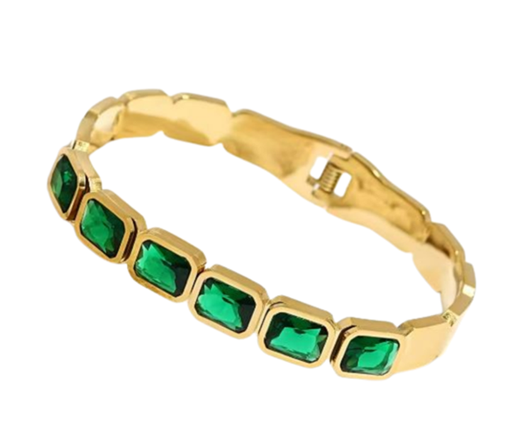 Elegant Gold-Plated Stainless Steel Bracelet with Green Gemstones