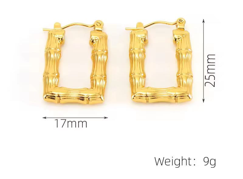 Gold Bamboo Hoop Earrings – Hypoallergenic, Anti-Tarnish, Geometric Design