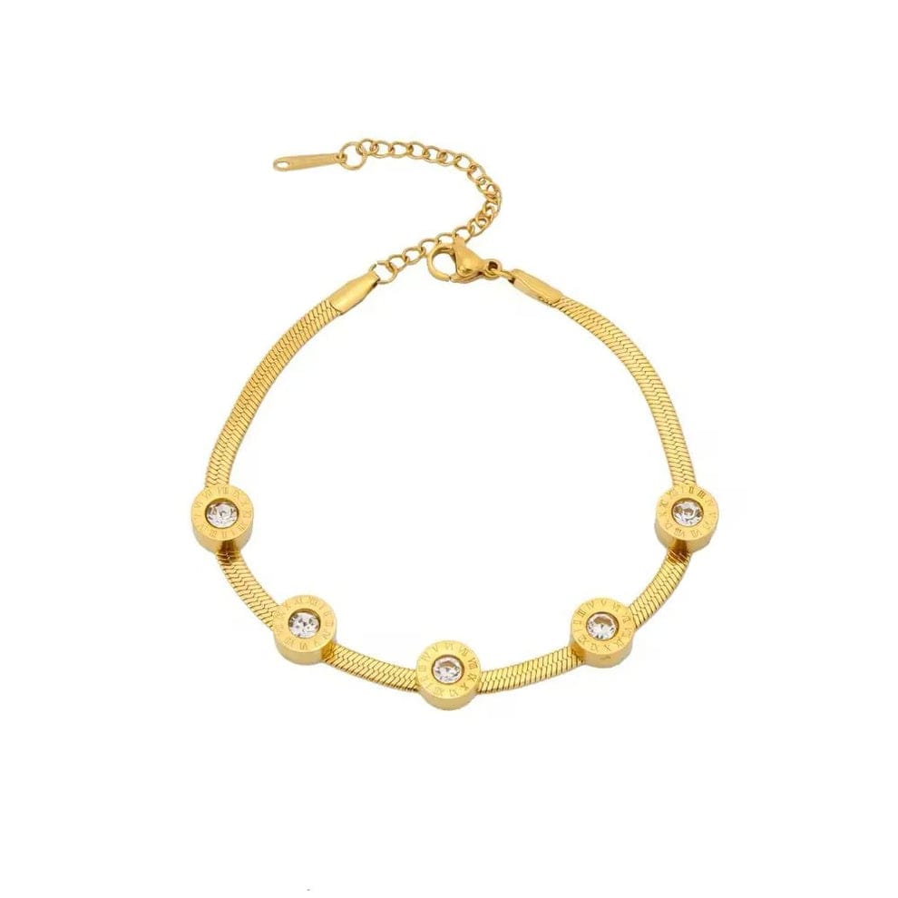 Elegant Gold-Tone Stainless Steel Snake Chain Bracelet with Five Stones