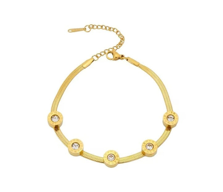 Elegant Gold-Tone Stainless Steel Snake Chain Bracelet with Five Stones