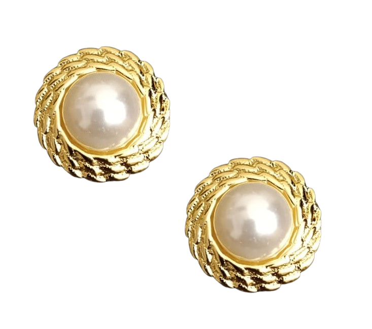 Vintage-Inspired Pearl Stud Earrings | Gold Textured Stainless Steel Jewelry