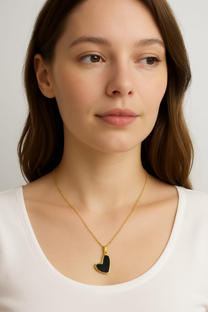 Gold Chain with Heart-Shaped Black Pendant - Tarnish Resistant