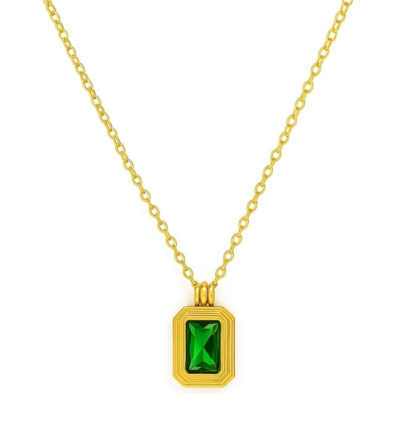 Geometric Gold Necklace with Green Stone