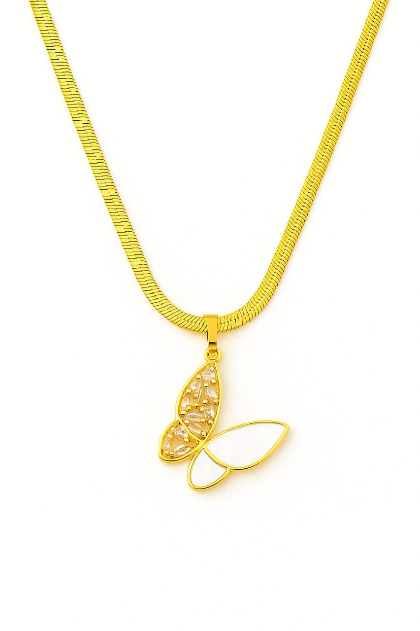 Elegant Gold Stainless Steel Butterfly Pendant Necklace – Cloudy White & Zircon Detailing