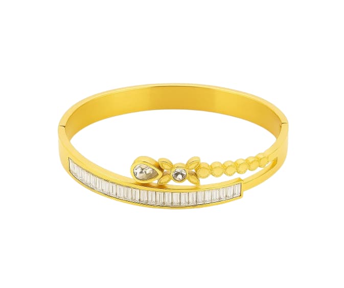 Elegant Gold Plated Stainless Steel Bangle Bracelet with Zircon Crystals