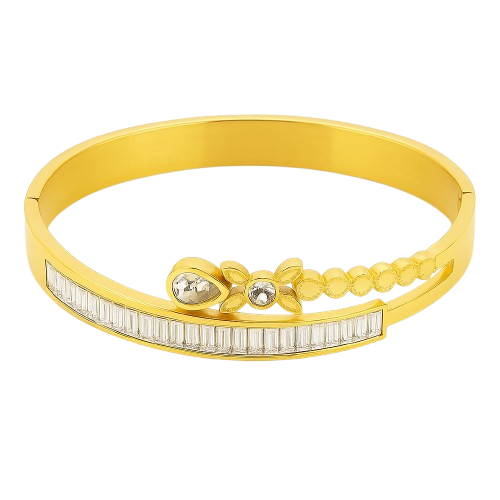 Elegant Gold Plated Stainless Steel Bangle Bracelet with Zircon Crystals