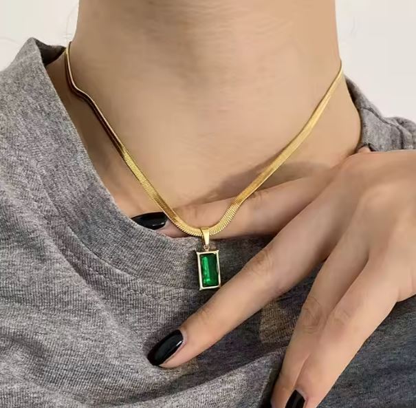 Elegant Stainless Steel  Necklace with Green Pendant