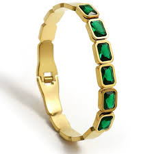 Elegant Gold-Plated Stainless Steel Bracelet with Green Gemstones