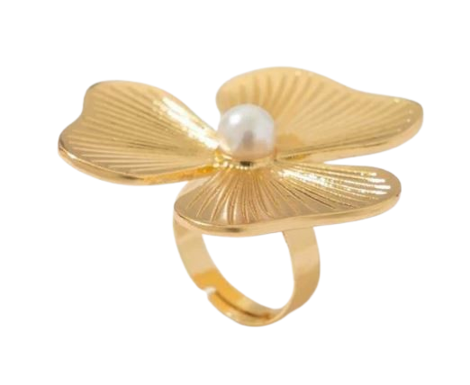 Elegant Gold Flower Ring with Pearl Center – Adjustable Statement Jewelry for Women