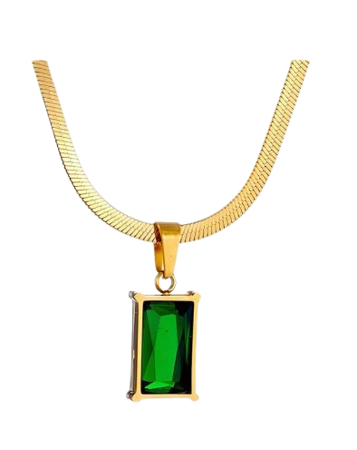 Elegant Stainless Steel  Necklace with Green Pendant