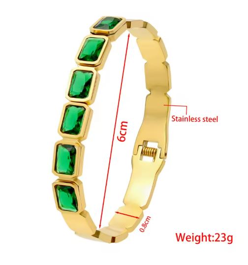 Elegant Gold-Plated Stainless Steel Bracelet with Green Gemstones