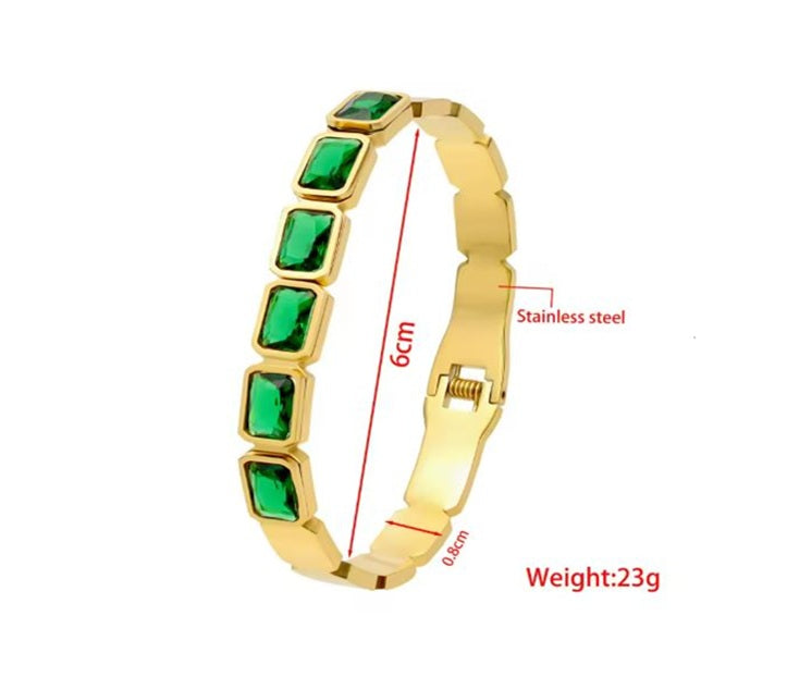 Elegant Gold-Plated Stainless Steel Bracelet with Green Gemstones