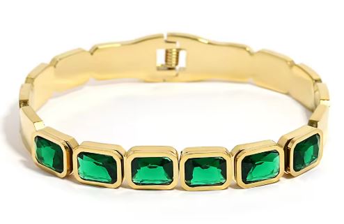 Elegant Gold-Plated Stainless Steel Bracelet with Green Gemstones