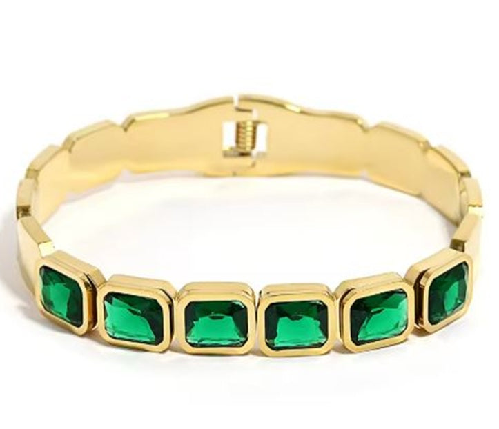 Elegant Gold-Plated Stainless Steel Bracelet with Green Gemstones